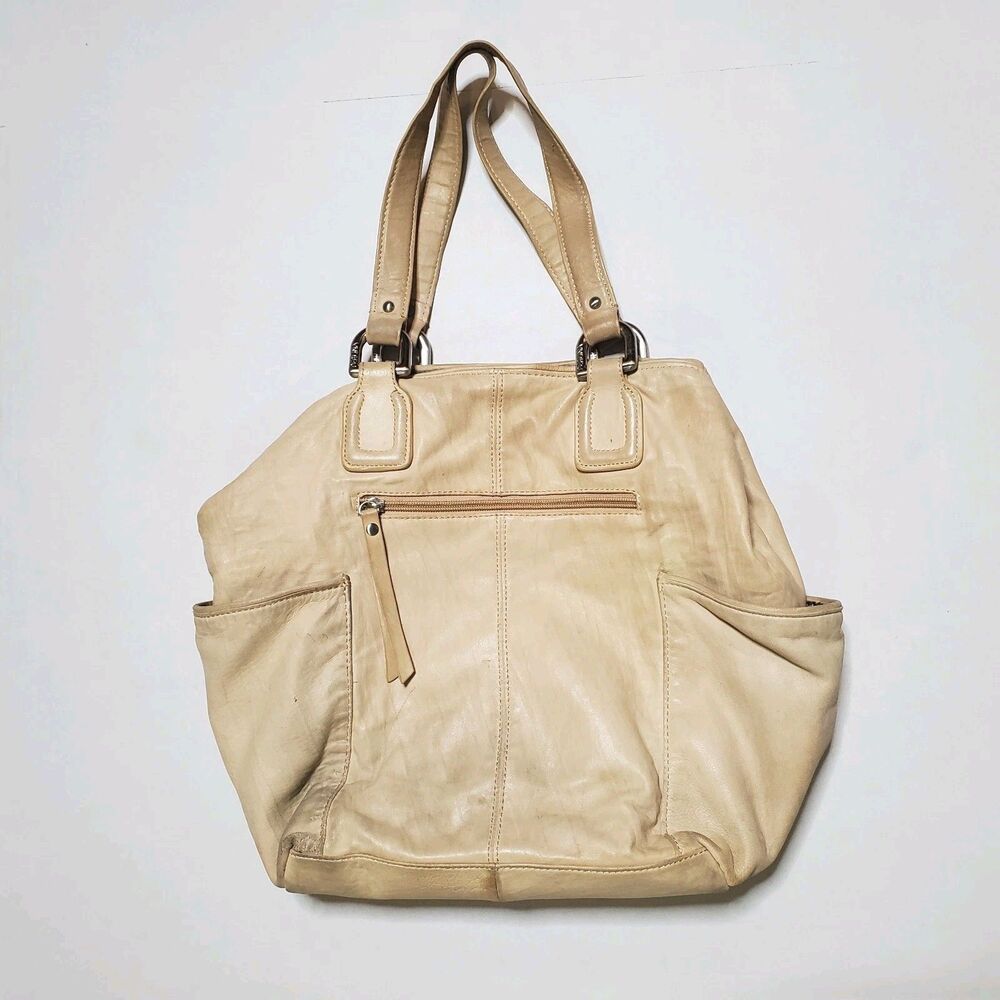 Perlina Leather Shoulder Tote Bag Beige Neutral Minimalist Soft Supple Quality